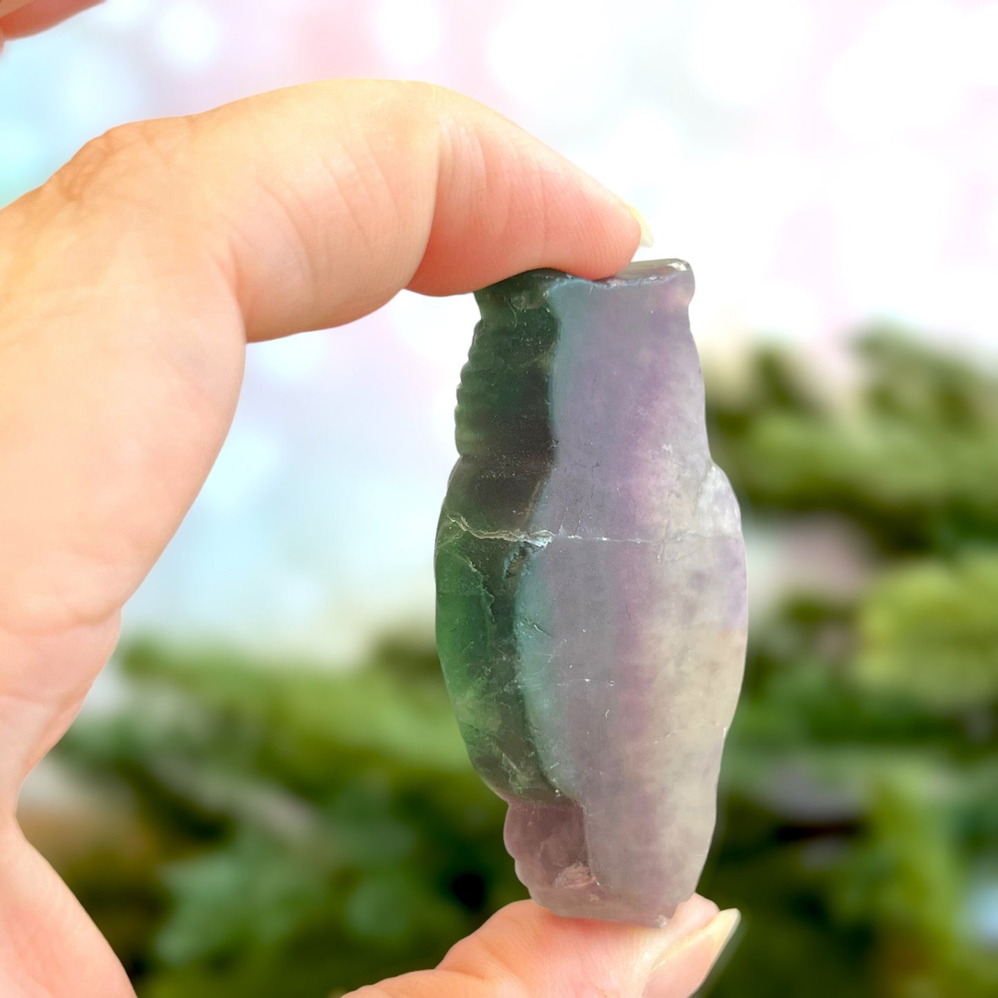 Rainbow Fluorite Crystal carved stone cabochon featuring an owl and human skull