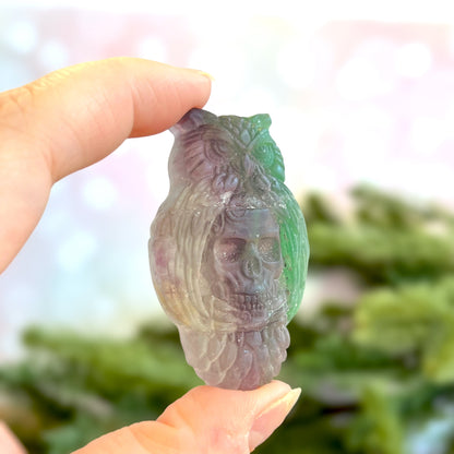 Rainbow Fluorite Crystal carved stone cabochon featuring an owl and human skull