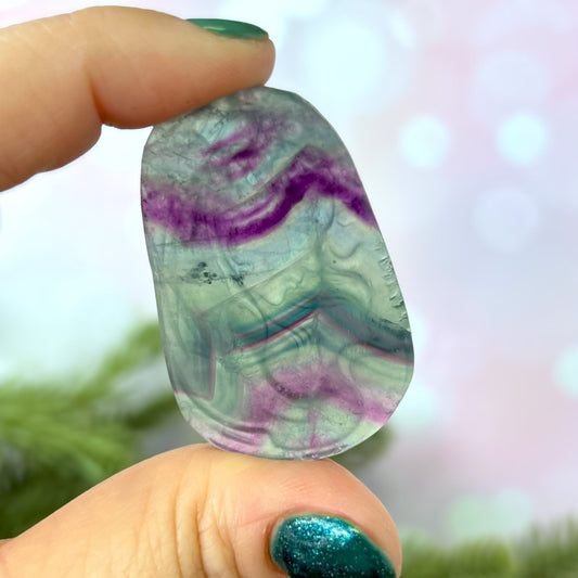 Rainbow Fluorite carved stone cabochon featuring an Art Nouveau Woman cameo