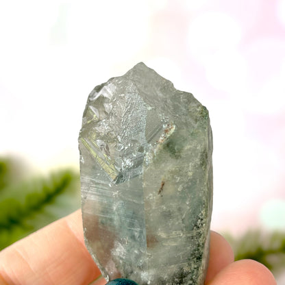 Close up of a small garden Quartz crystal point with chlorite inclusions. This mineral specimen is also called Lodolite, and is natural.