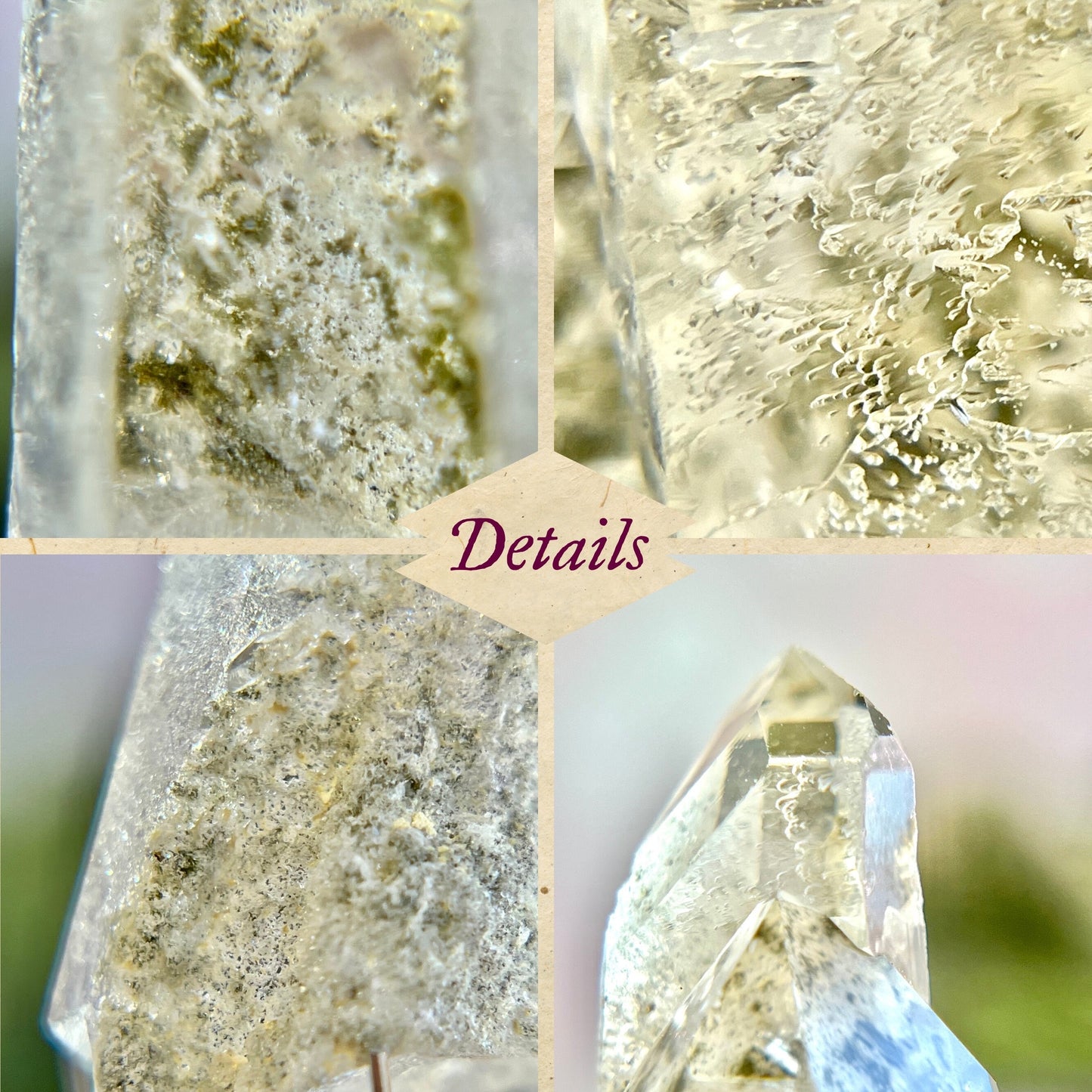 Details of a small garden Quartz crystal point with chlorite inclusions. This mineral specimen is also called Lodolite, and is natural.