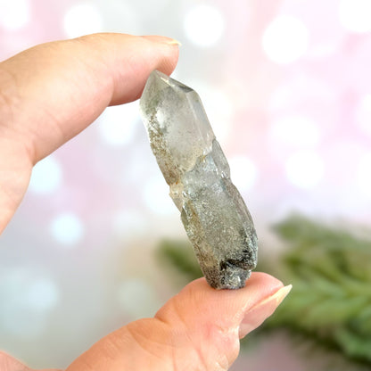 Close up of a small garden Quartz crystal point with chlorite inclusions. This mineral specimen is also called Lodolite, and is natural.