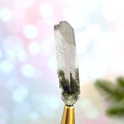 Close up of a small garden Quartz crystal point with chlorite inclusions. This mineral specimen is also called Lodolite, and is natural.