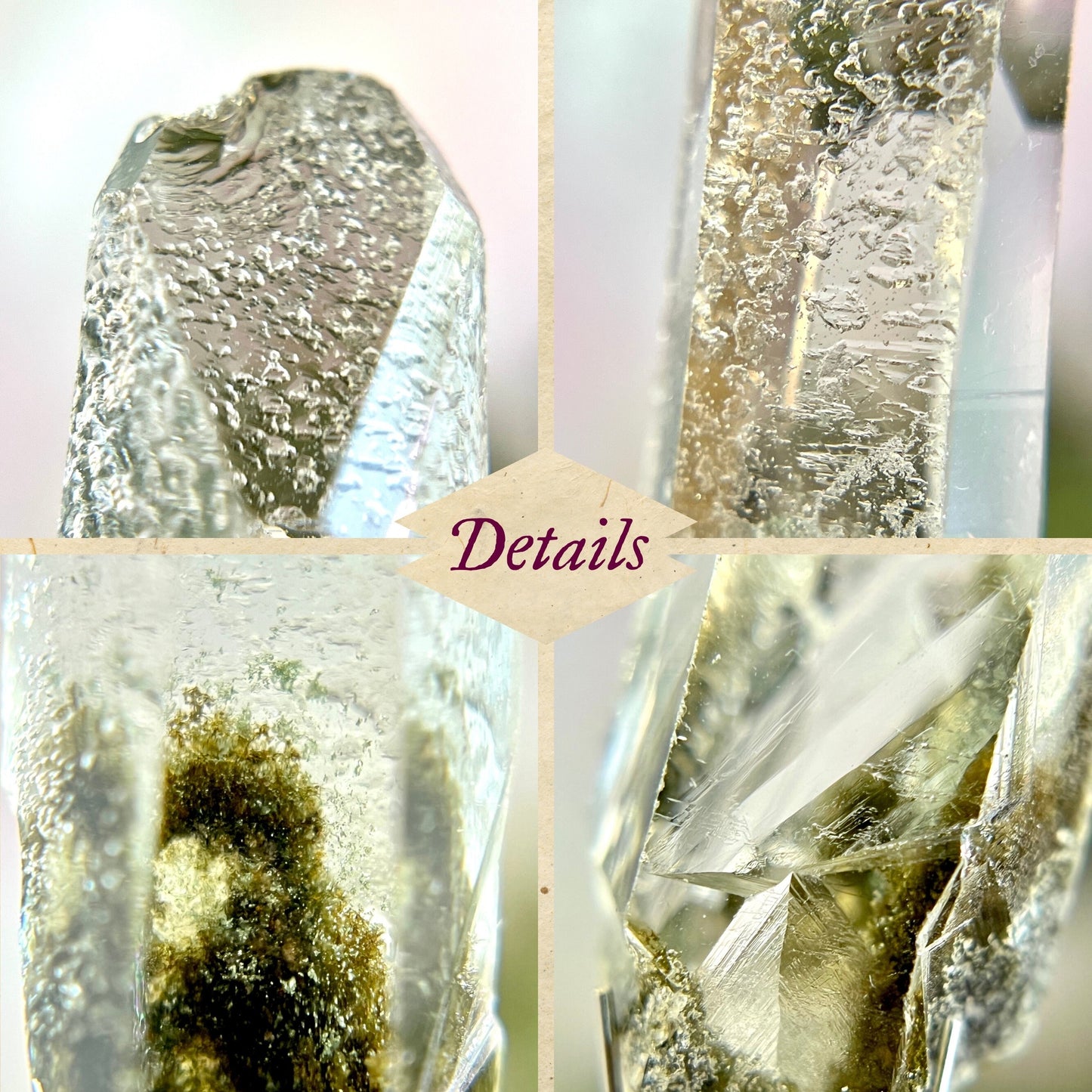 Close up of a small garden Quartz crystal point with chlorite inclusions. This mineral specimen is also called Lodolite, and is natural.