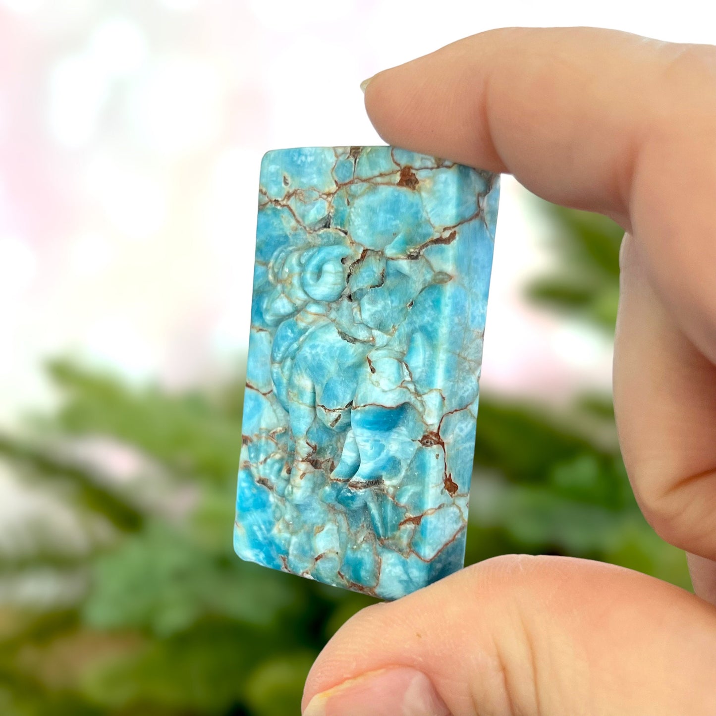 Rectangle Apatite crystal carved stone cabochon featuring Ares Astrology Zodiac sign