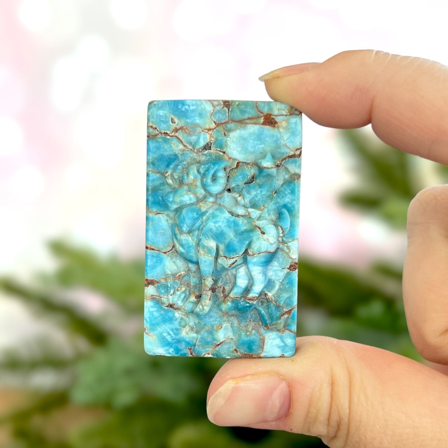 Rectangle Apatite crystal carved stone cabochon featuring Ares Astrology Zodiac sign