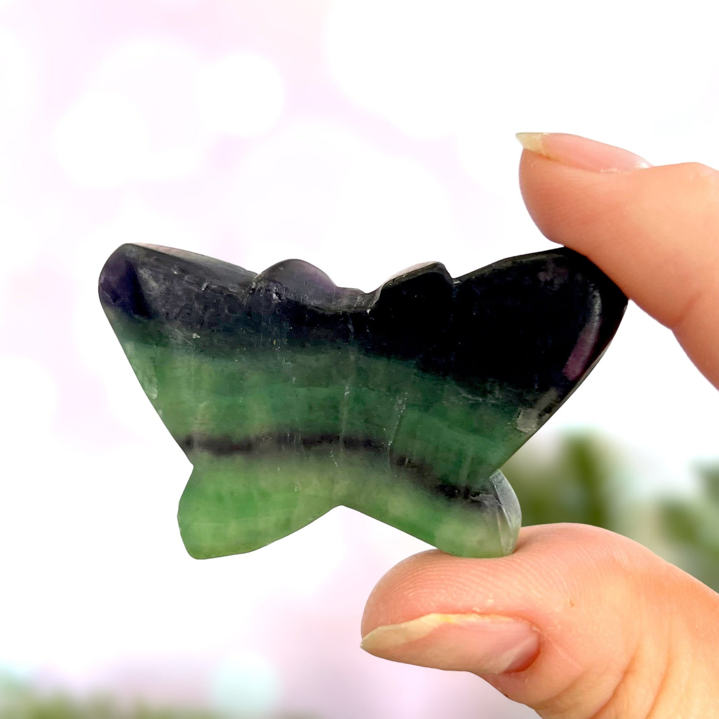 Rainbow Fluorite Crystal carved stone cabochon in the shape of a butterfly