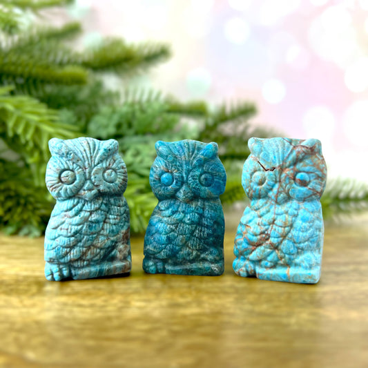 Blue Apatite carved stone cabochons featuring an Owl