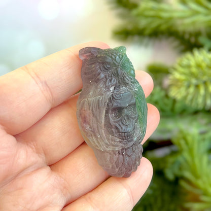 Rainbow Fluorite Crystal carved stone cabochon featuring an owl and human skull