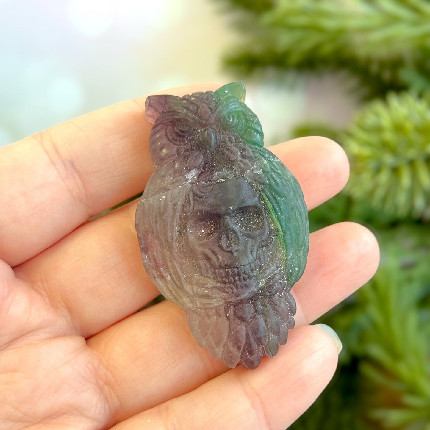 Rainbow Fluorite Crystal carved stone cabochon featuring an owl and human skull