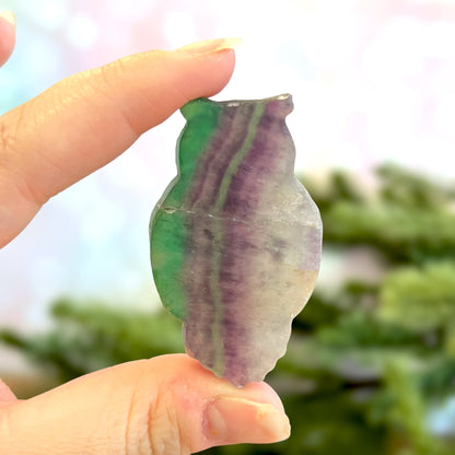 Rainbow Fluorite Crystal carved stone cabochon featuring an owl and human skull