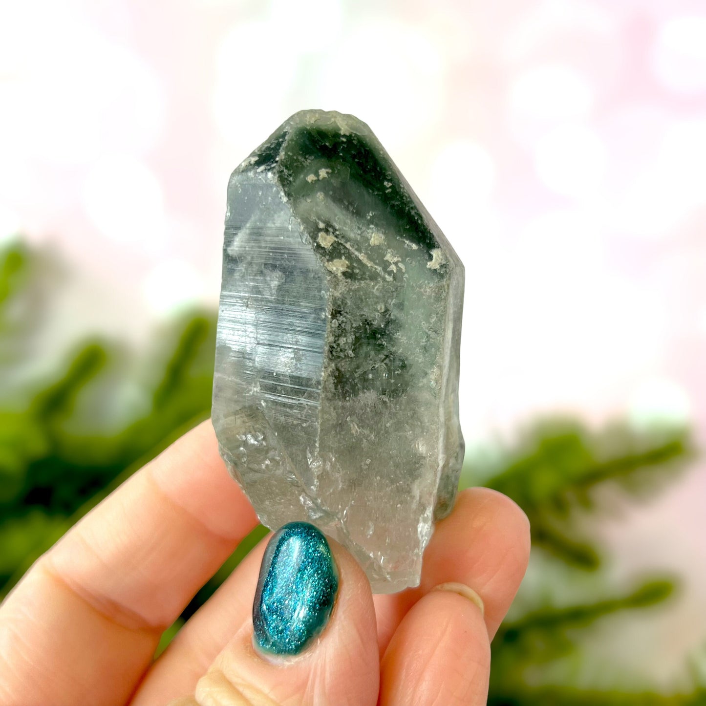 Close up of a small garden Quartz crystal point with chlorite inclusions. This mineral specimen is also called Lodolite, and is natural.