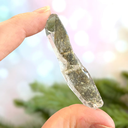 Close up of a small garden Quartz crystal point with chlorite inclusions. This mineral specimen is also called Lodolite, and is natural.