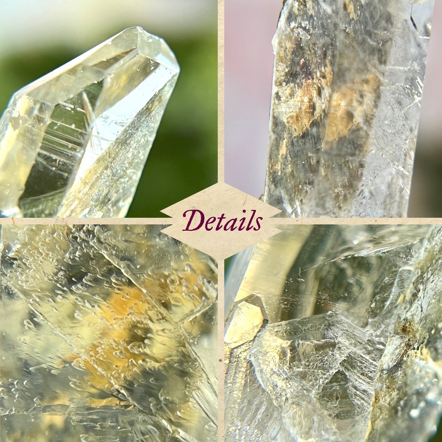 Close up of a small garden Quartz crystal point with chlorite inclusions. This mineral specimen is also called Lodolite, and is natural.