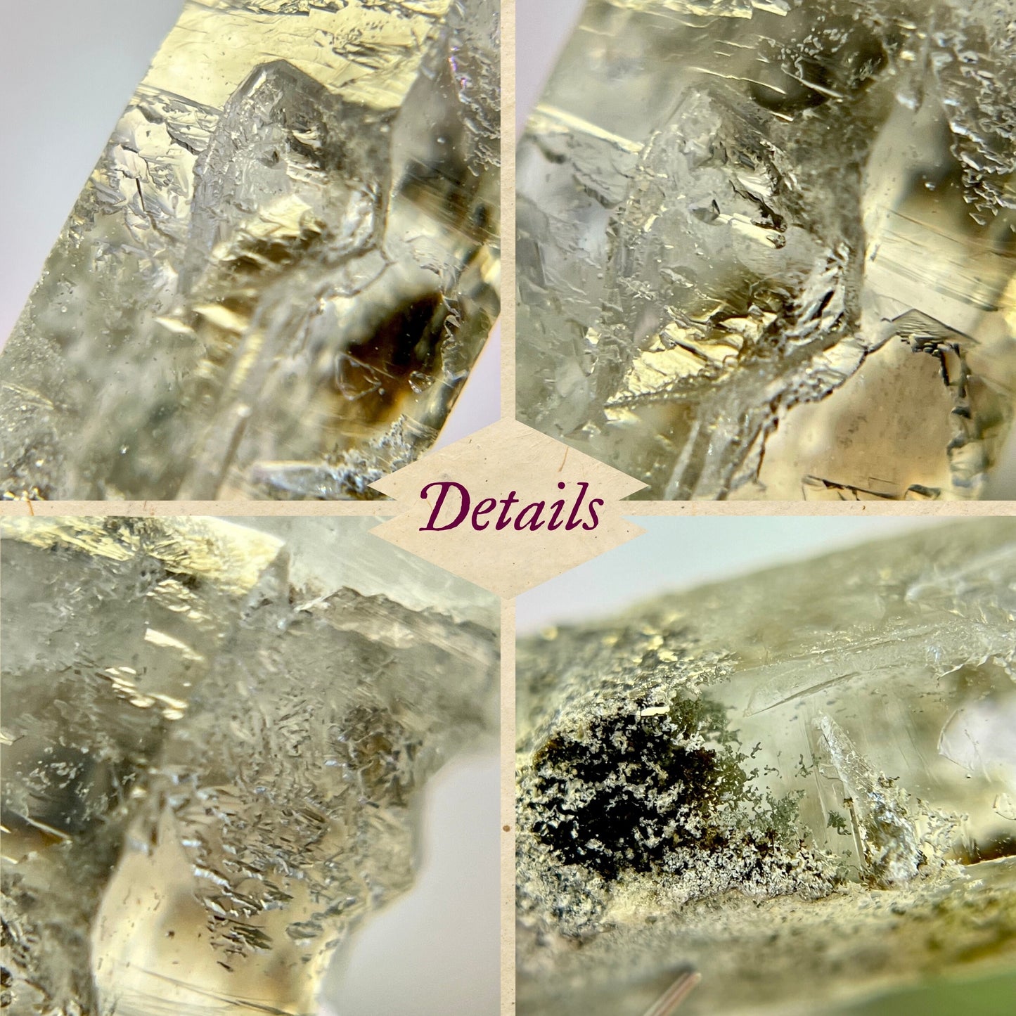 Close up of a small garden Quartz crystal point with chlorite inclusions. This mineral specimen is also called Lodolite, and is natural.