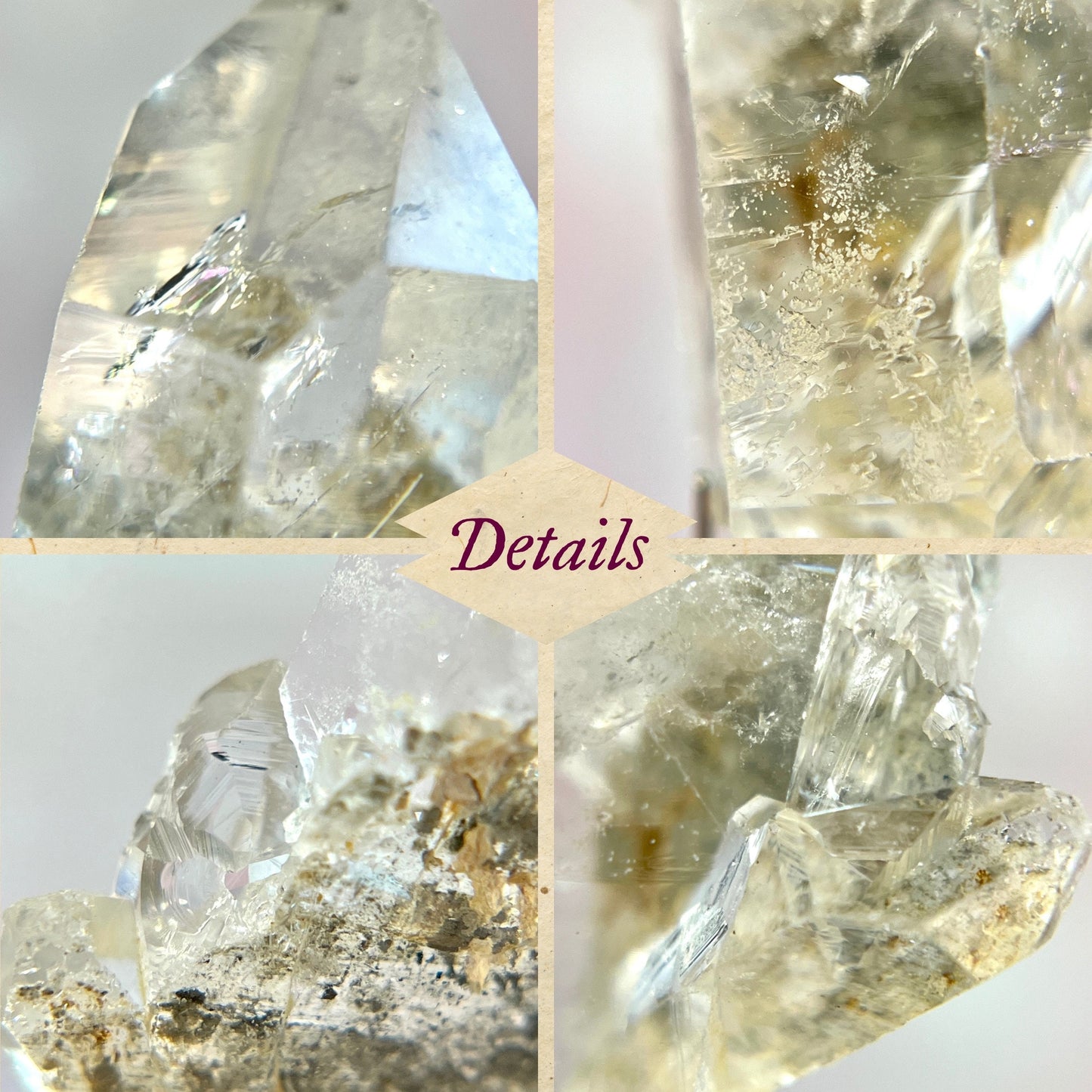 Close up of a small garden Quartz crystal point with chlorite inclusions. This mineral specimen is also called Lodolite, and is natural.