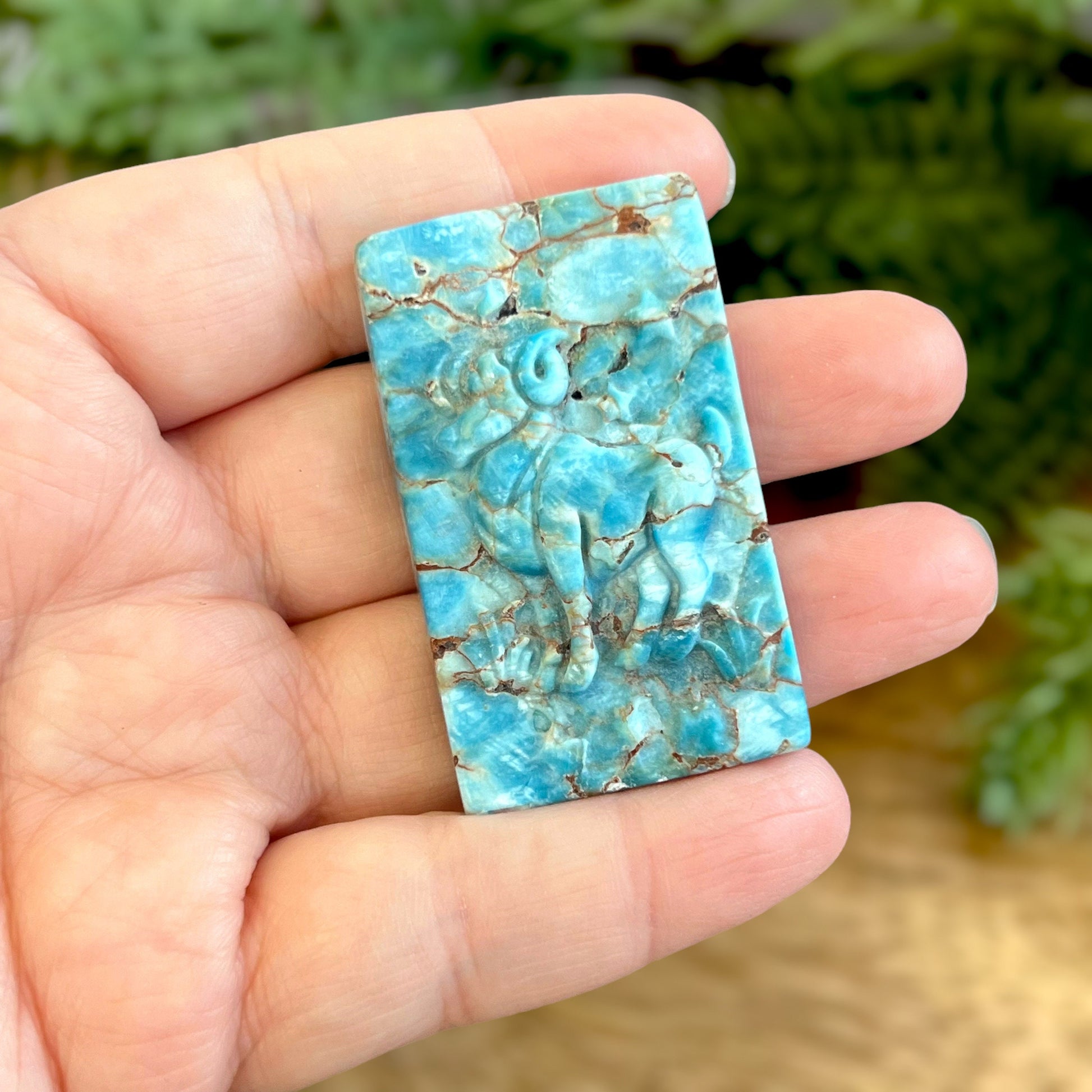 Rectangle Apatite crystal carved stone cabochon featuring Ares Astrology Zodiac sign