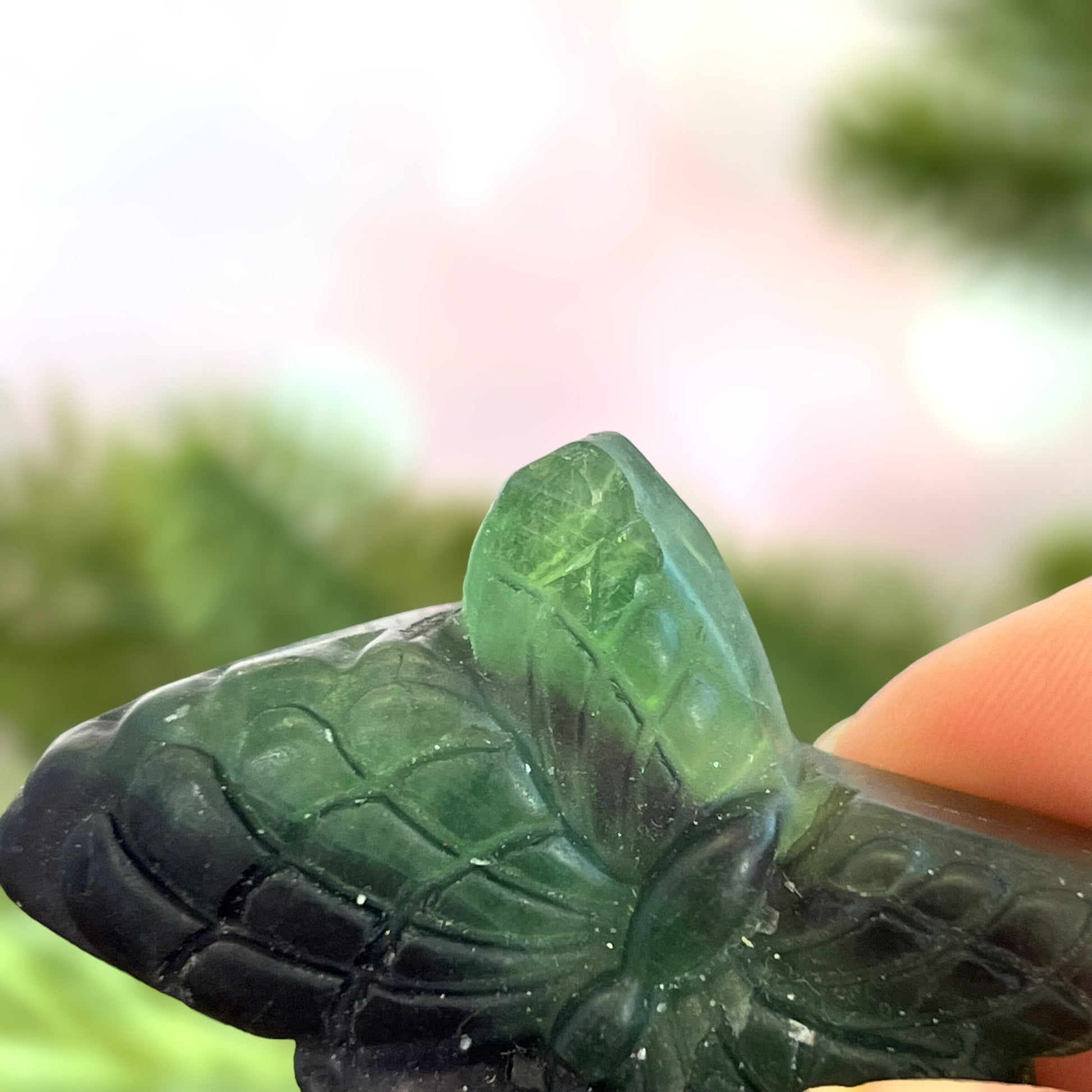 Rainbow Fluorite Crystal carved stone cabochon in the shape of a butterfly