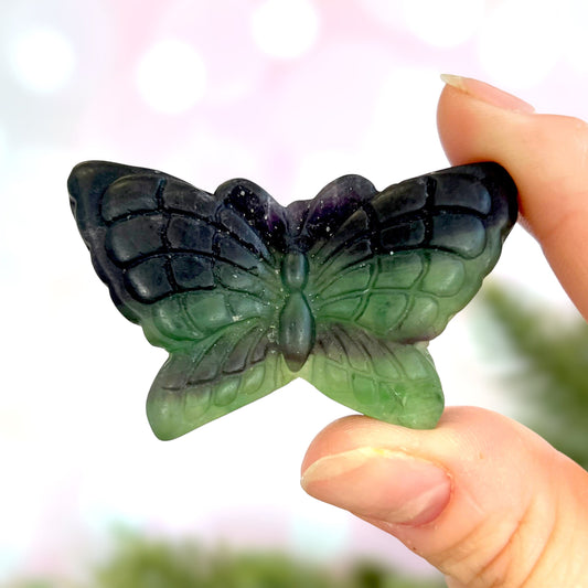 Rainbow Fluorite Crystal carved stone cabochon in the shape of a butterfly
