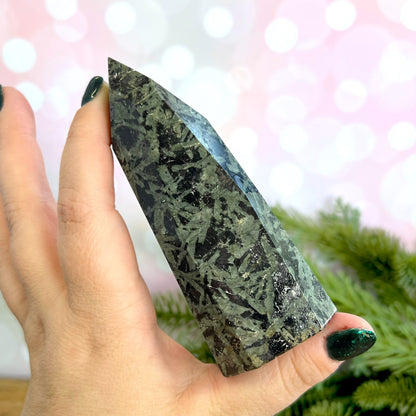Green and Black Galaxy Jasper natural freeform carved and polished tower