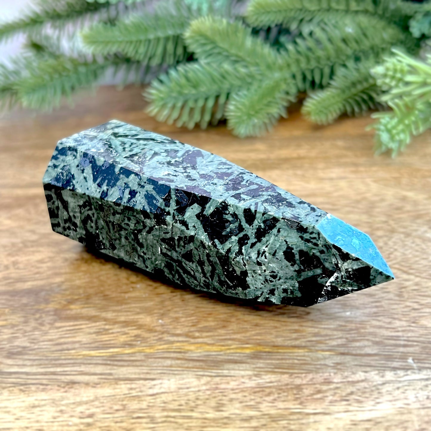 Green and Black Galaxy Jasper natural freeform carved and polished tower